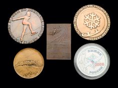 A group of five winter sports medals,