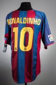 A Ronaldinho signed red & blue striped Barcelona No.