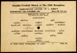 Scarce Manchester United 'A' v Avro's single-sheet programme played at the Cliff 13th October 1954,