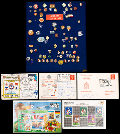 A collection of football philately and also badges/cuff-links,