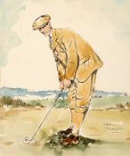 by an unknown hand THE GOLFER GEORGE DUNCAN TEEING OFF titled, pen & ink & watercolour, circa 1930,