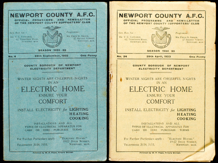 Two Newport County programmes season 1932-33,