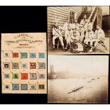 Decorative Victorian colour rowing print titled "Flags of the Cambridge University Eight Oar Boats",
