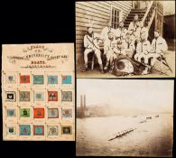 Decorative Victorian colour rowing print titled "Flags of the Cambridge University Eight Oar Boats",