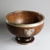 Turned wooden tennis prize bowl dated 1894, with a silver-plate rim,