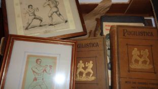 Boxing memorabilia, Framed set of cigarette cards, two 19th century prints of pugilists,