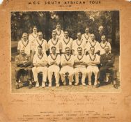 Signed official mounted photograph of the England cricket team to South Africa in 1939, 11 by 15in.