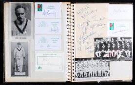 Cricket autograph album, containing signed photographs, postcards, index cards etc.