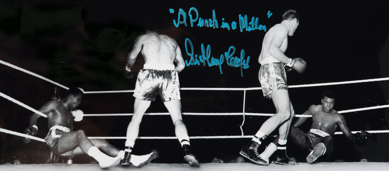 Signed composite photographs showing from two angles Henry Cooper knocking down Classis Clay at