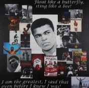 Muhammad Ali signed photographic montage, a miscellany of Ali imagery plus printed quotes,