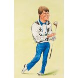 Original large John Ireland caricature artwork of Nick Faldo, signed, pen & ink & watercolour,