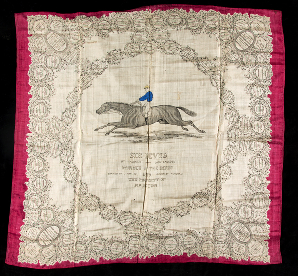 A ladies Derby scarf commemorating the victory of Mr Acton's Sir Bevys in 1879,