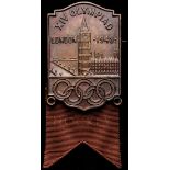 London 1948 Olympic Games participant's badge for field hockey, silvered, design with Olympic Rings,