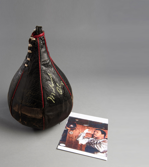 Muhammad Ali used and signed Everlast speed bag from his training camp in Deer Lake,