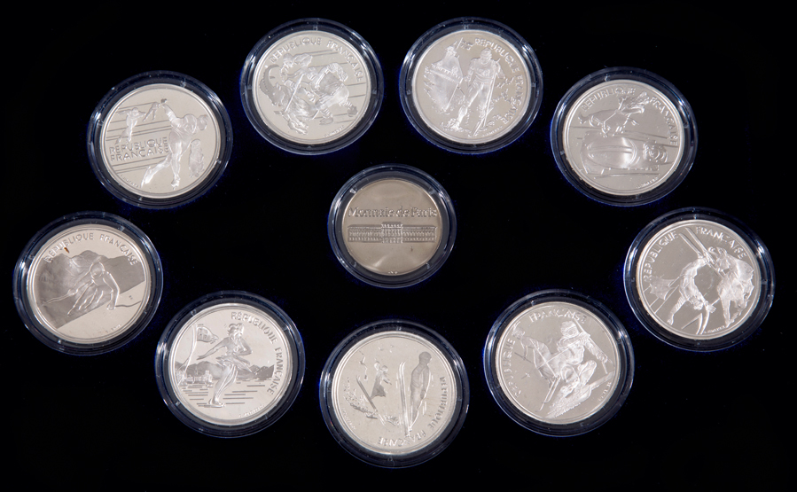 Albertville 1992 Winter Olympic Games Monnaie de Paris coins set, comprising nine silver 100 Francs,