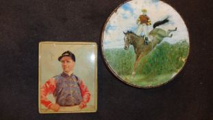 Two biscuit tins with horse racing decoration, Jacobs, Mr What in the 1958 Grand National; & Peak,