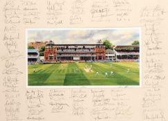 Multi-signed Lords cricket print, with central print of Lords Cricket Ground by Terry Harrison,