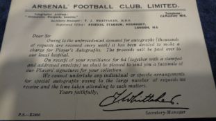 Arsenal Football Club 1940s wartime postcard with pre-printed response from Tom Whittaker regarding