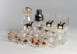 A collection of racing-themed glassware, 20th century with enamelled decoration,