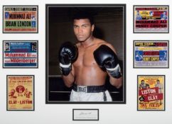 A signed Muhammad Ali presentation, the mount comprising an Ali signed bookplate, a 10 by 8in.