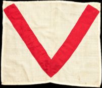 Grand National Course Valentine's Brook fence flag, a red V on a white background, 40 by 48cm.