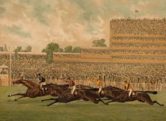 A set of four colour lithographs depicting the Epsom Derby, featuring the start,