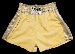 John Conteh signed boxing trunks, by Ampro of London, yellow with gold lame waistband and stripes,