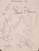 Cricket autograph album compiled between 1927 and 1930, pencil signatures, sometimes back-to-back,