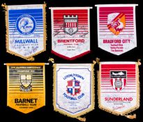 Six team-signed football pennants circa 1990, Barnet (14 autographs, Bradford City (13),