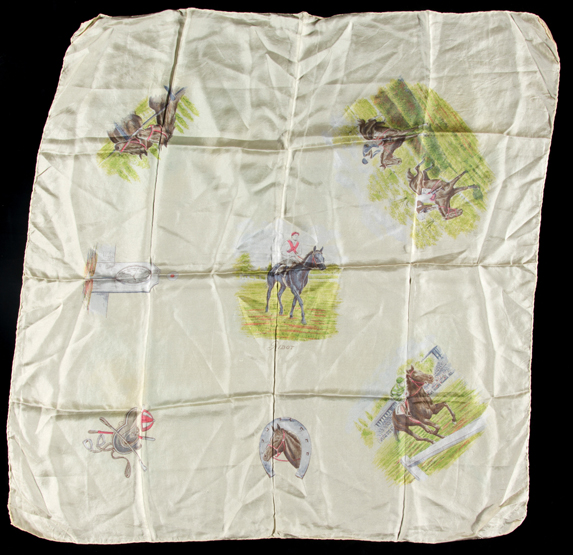 1950s ladies racing scarf with central portrait of the outstanding Italian racehorse Ribot,