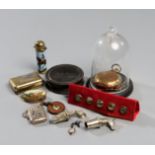 Miscellany of small racing-themed objects, a Swiss pocket watch (with stand, key & dome),