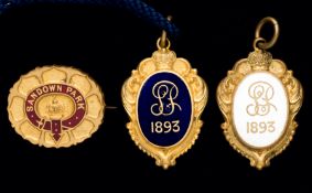 A group of three 1893 Sandown Park badges, consisting of a gentleman's badge, numbered 3096,