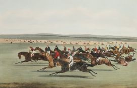 A pair of decorative colour prints portraying the 1853 Cambridgeshire Stakes,