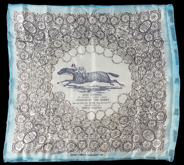 Ladies silk scarf commemorating the victory of Mr Beatty's Bois Roussel in the 1938 Derby