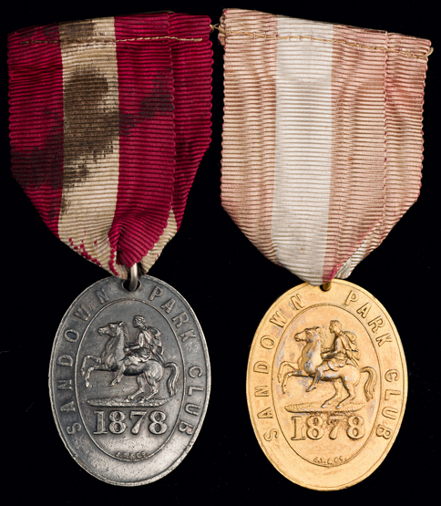 Two 1878 Sandown Park badges, namely a gentleman's “Ten Guinea Pass”,