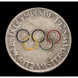 Olympic lapel badge for the winter and summer games of 1928, Silvered & enamel Olympic rings,