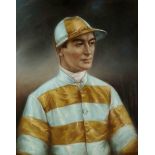Large and impressive portrait of the champion jockey Steve Donoghue, artist overpainted 30 by 24in.