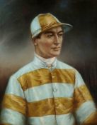 Large and impressive portrait of the champion jockey Steve Donoghue, artist overpainted 30 by 24in.