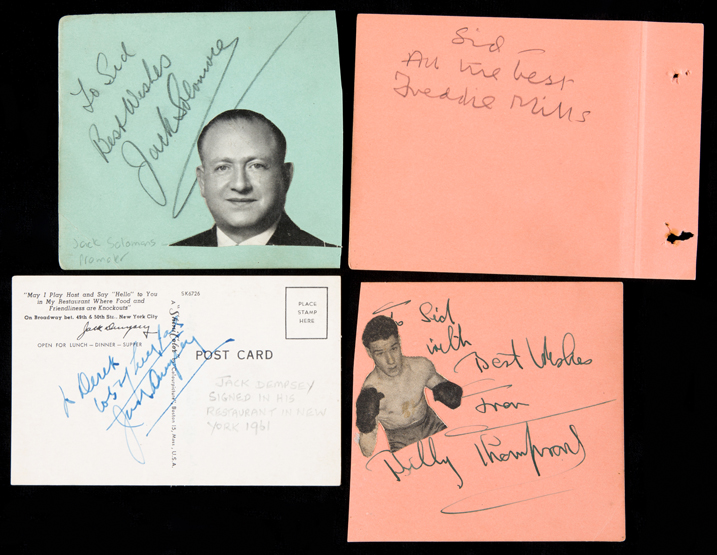 A group of boxing autographs, on pages removed from albums,