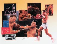 Muhammad Ali signed photographic montage, lithographic print signed in pencil, 46 by 57cm.