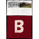 Grand National Course Becher's Brook fence flag, a white B on a red background, 40 by 46cm.