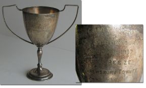 A silver-plated cup presented on the occasion of the Derby County v Shropshire match played at