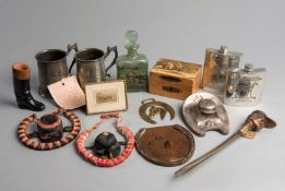 Miscellany of racing themed objects, two metal tankards, glass perfume bottle & stopper,