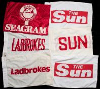 A group of six Grand National Course fence flags from the race sponsorship era,