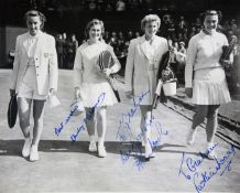 Signed original press photograph of the ladies doubles players at the 1955 Wimbledon final,