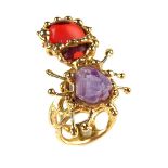 Gold plated amethyst and red stone ring.