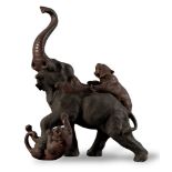 Bronze sculpture depicting “Elefante attaccato dai leoni”, 19th Century, H cm 38.5x31 (losses)