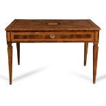 Table veneered with walnut and threads, rectangular top centered by inlaid central rose