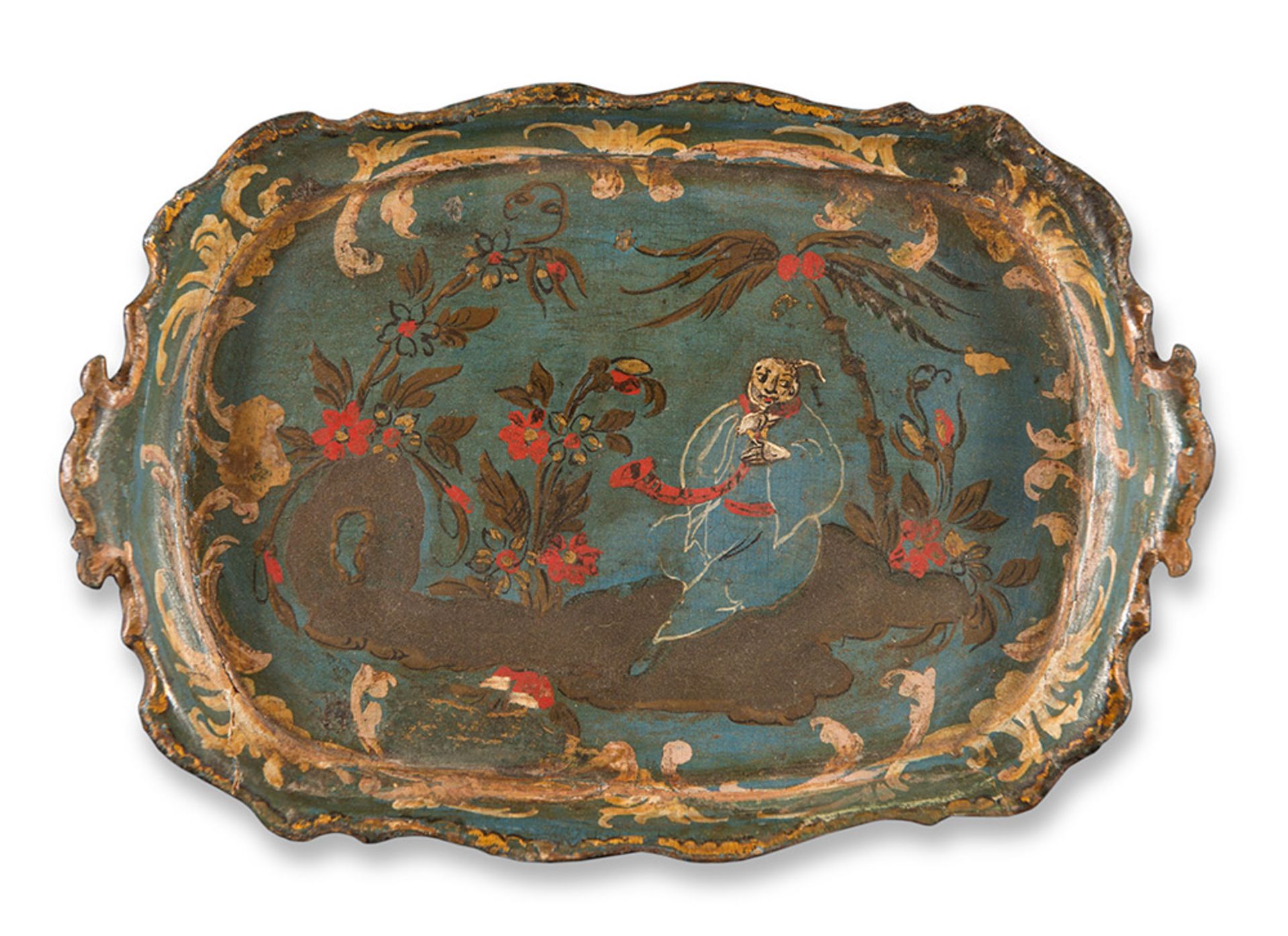 Two lacquered wood trays with oriental figures: blue tray of the 18th Century - Bild 2 aus 2