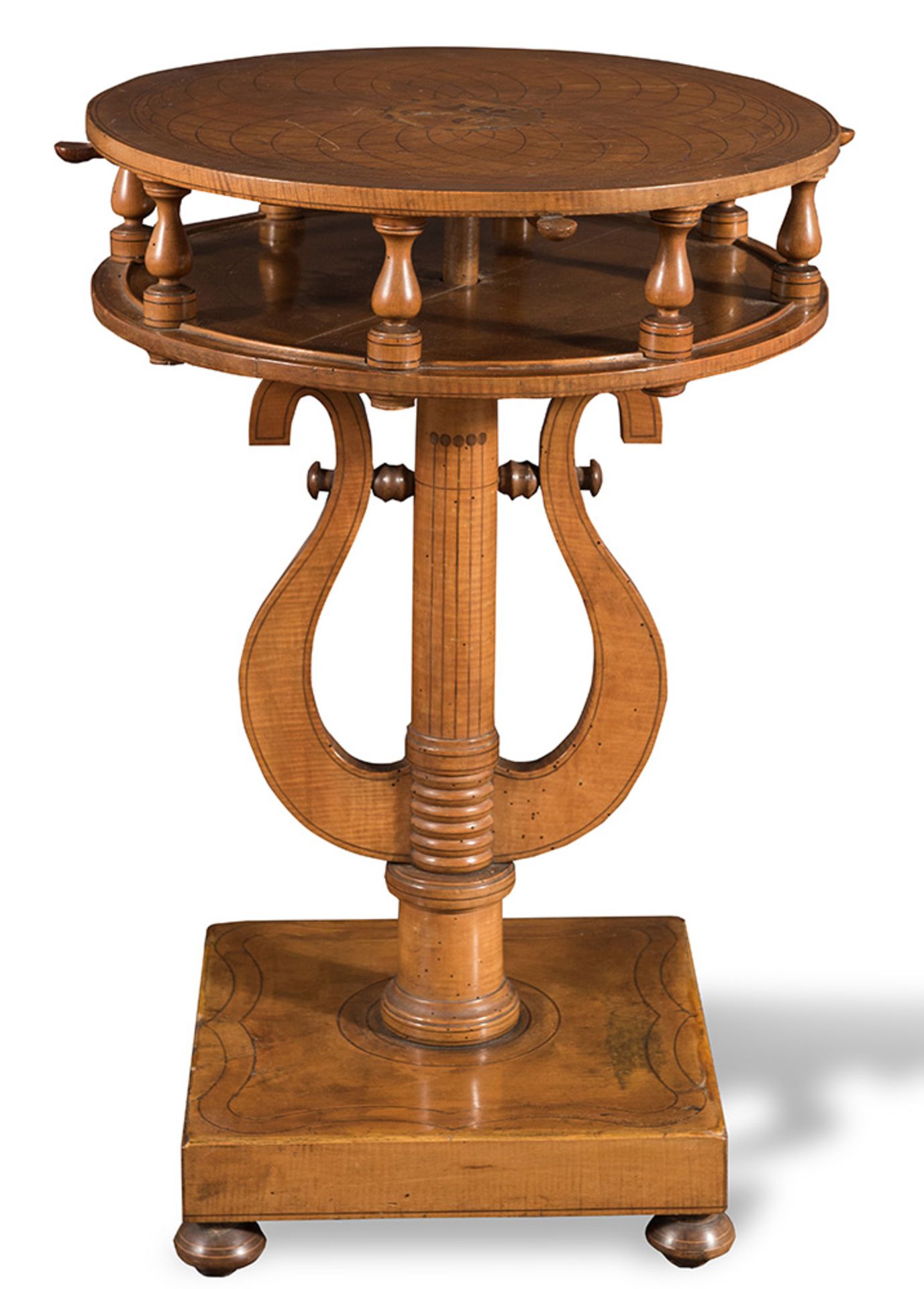 Cherry wood lyre table, round top, Marche, 19th Century